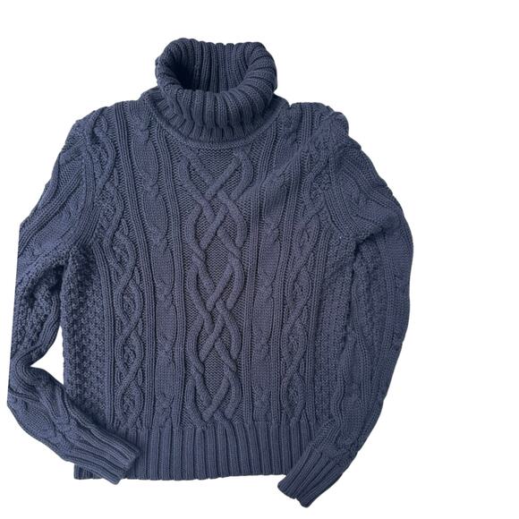 Lands End Navy Large Cable Knit Turtleneck Cotton Fisherman Preppy Sweater - Picture 1 of 6